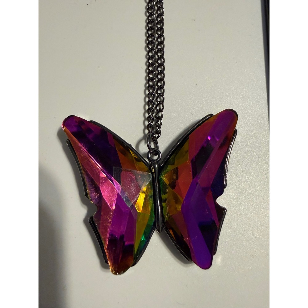 Large Iridescent Butterfly Pendant Necklace Gunmetal Chain Purple Pink Multi